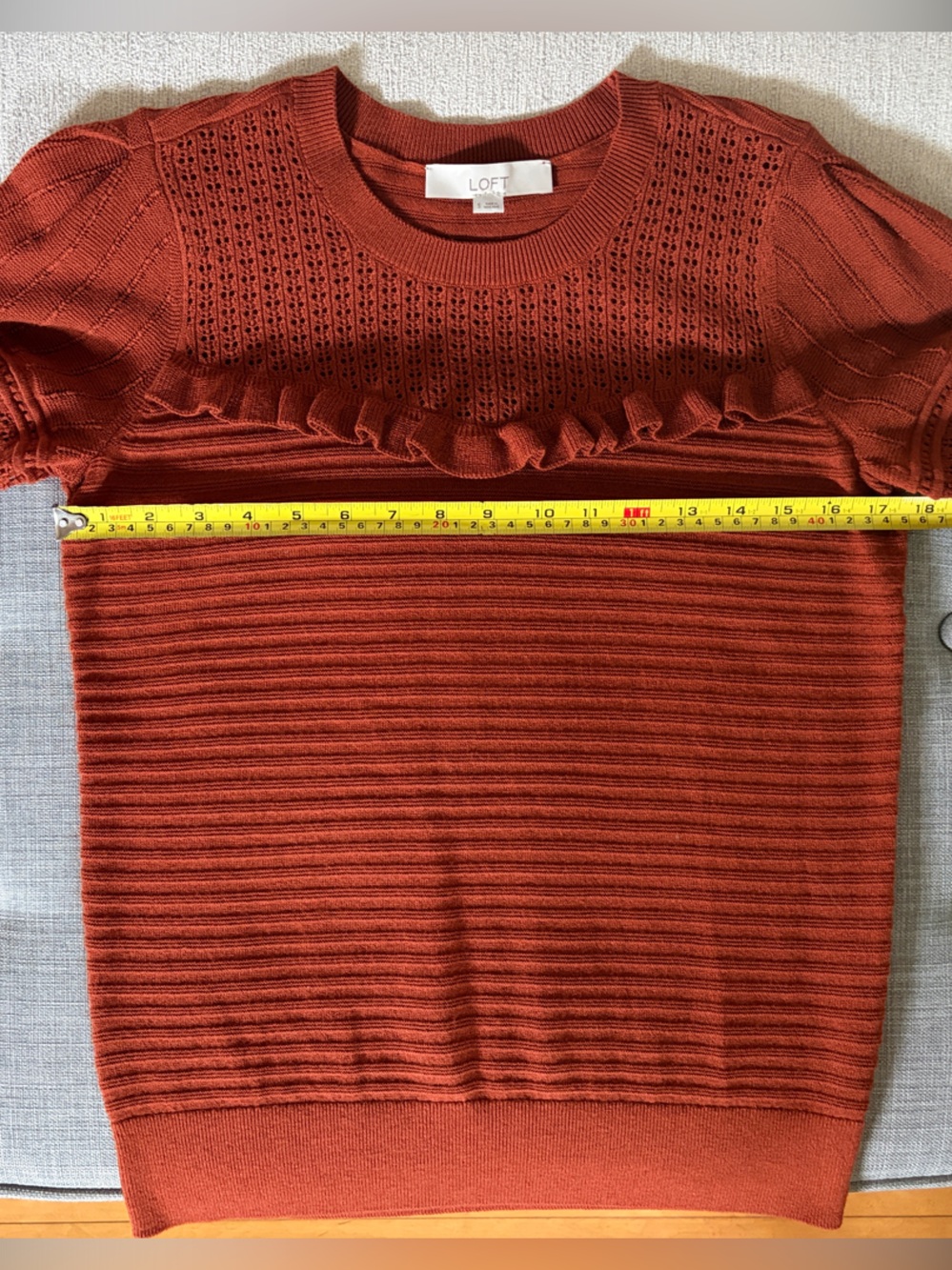 LOFT Rust Short-Sleeve Lightweight Ruffle Sweater - Picture 4 of 7